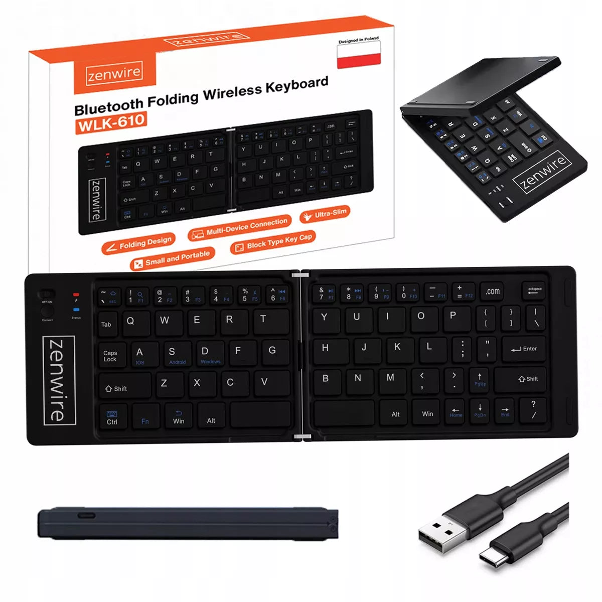 Sulankstoma Mini „Bluetooth“ belaidė klaviatūra planšetiniam komputeriui, telefonui, USB-C
