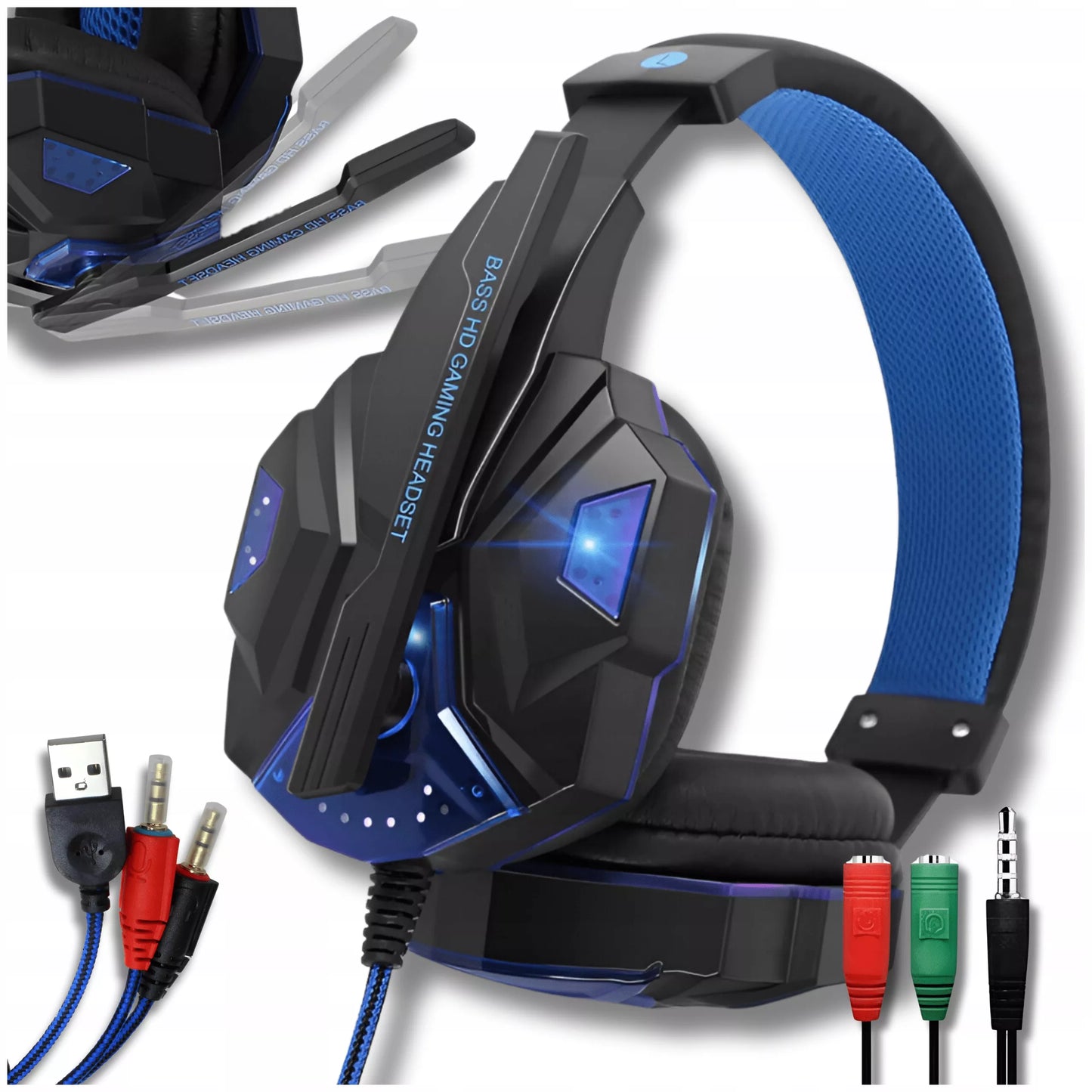 Laidinės žaidimų ausinės su mikrofonu RGB apšvietimu kompiuteriui