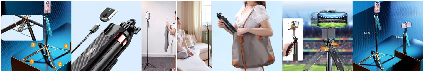 ULANZI MA09 Selfie Stick Tripod su Bluetooth nuotolinio valdymo pulteliu telefonui, GoPro kamerai