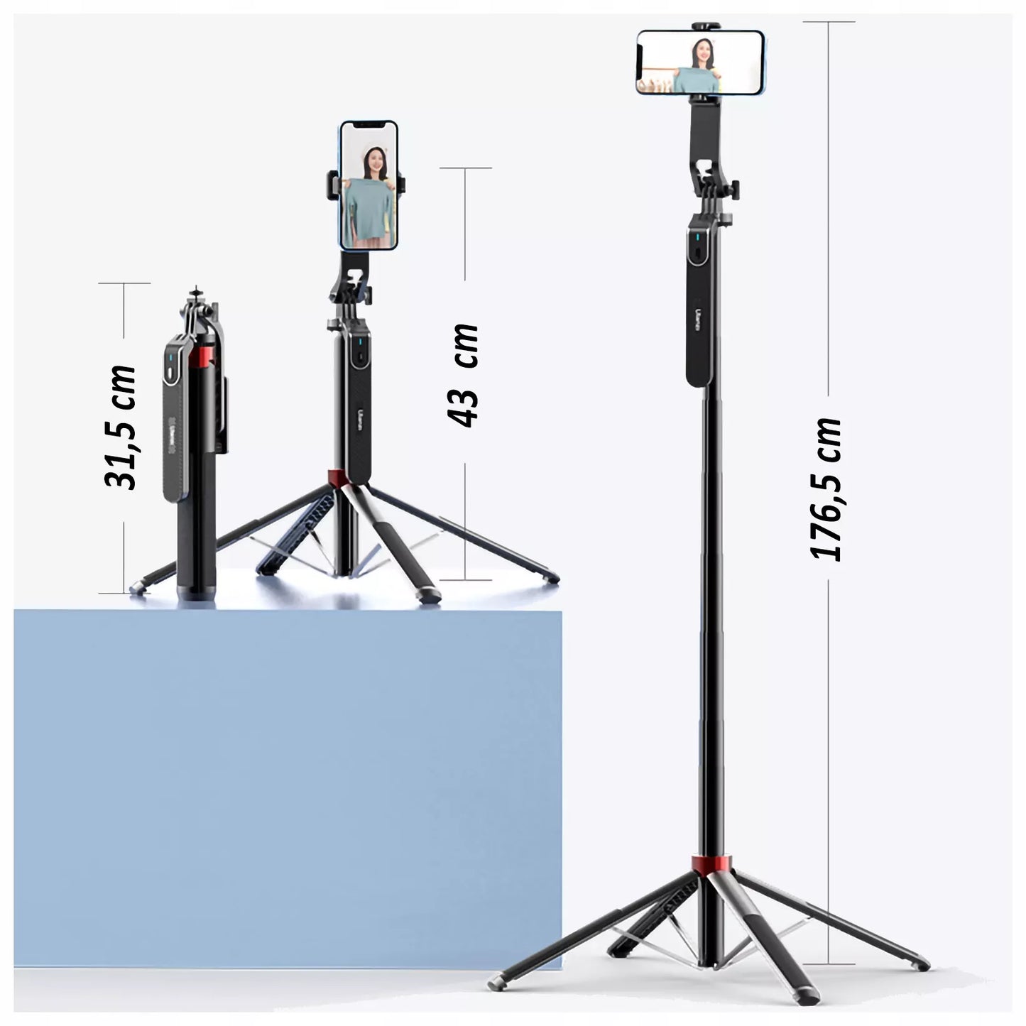ULANZI MA09 Selfie Stick Tripod su Bluetooth nuotolinio valdymo pulteliu telefonui, GoPro kamerai