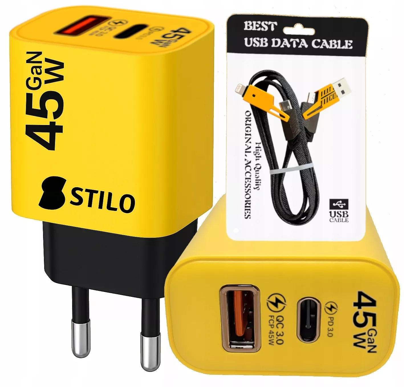GaN greito įkrovimo įkroviklis 45W PD/QC su 65W C/Lightning laidu