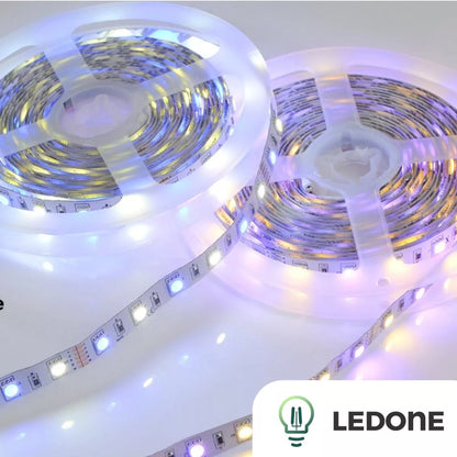 LED juostos rinkinys RGBW – 5 m, šiltai / šaltai balta, su pulteliu ir 12 V maitinimu