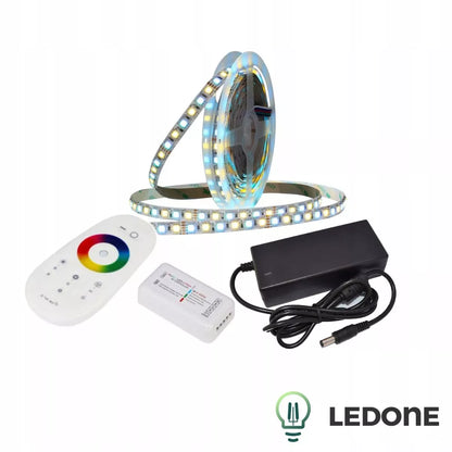 LED juostos rinkinys RGBW – 5 m, šiltai / šaltai balta, su pulteliu ir 12 V maitinimu