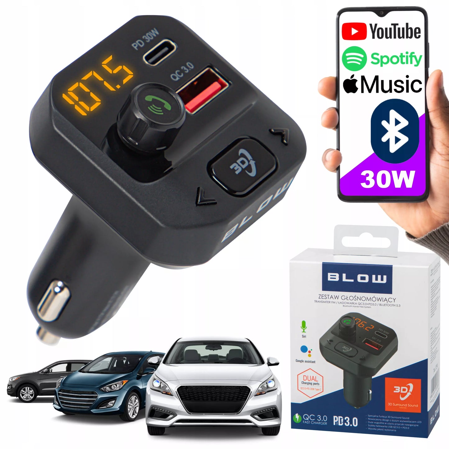 Automobilinis FM BLUETOOTH siųstuvas USB-C PD QC3.0 Įkroviklis Galingas BASS FM