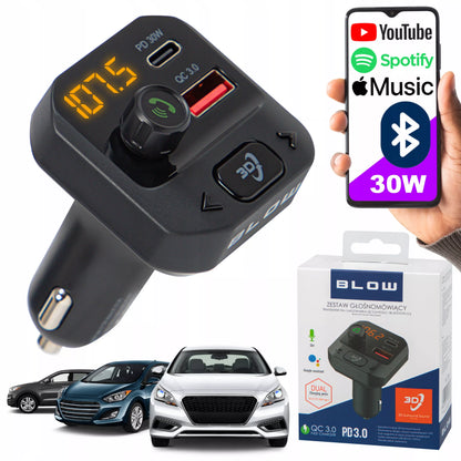 Automobilinis FM BLUETOOTH siųstuvas USB-C PD QC3.0 Įkroviklis Galingas BASS FM