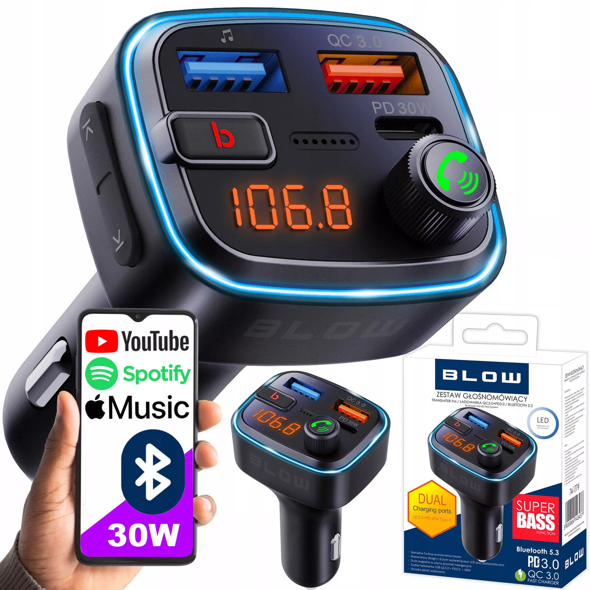 FM SIŲSTUVAS BLUETOOTH 5.3 QC 3.0 PD30W STIPRUS BOSAS KROVIKLIS MIKROFONAS