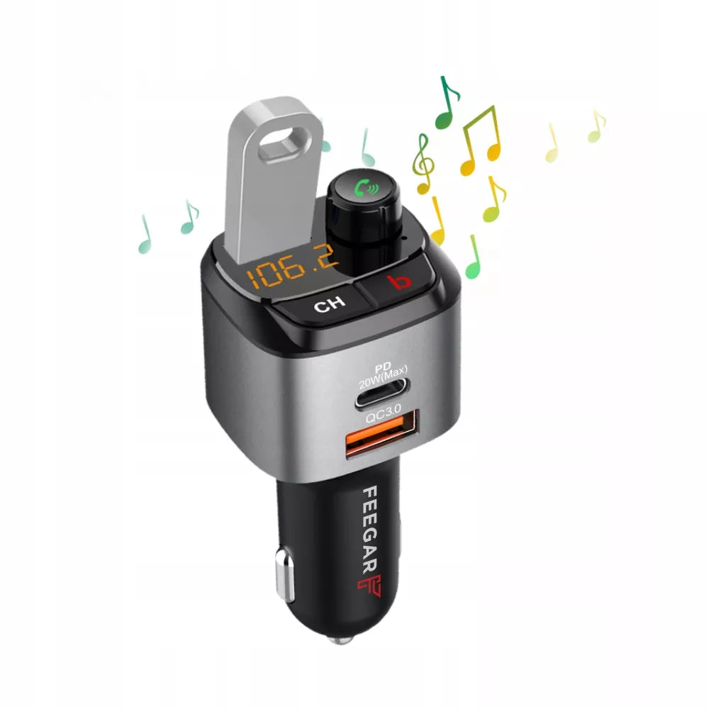 FM siųstuvas Bluetooth – Feegar, greitas įkroviklis QC 3.0/PD, MP3, Audio, USB