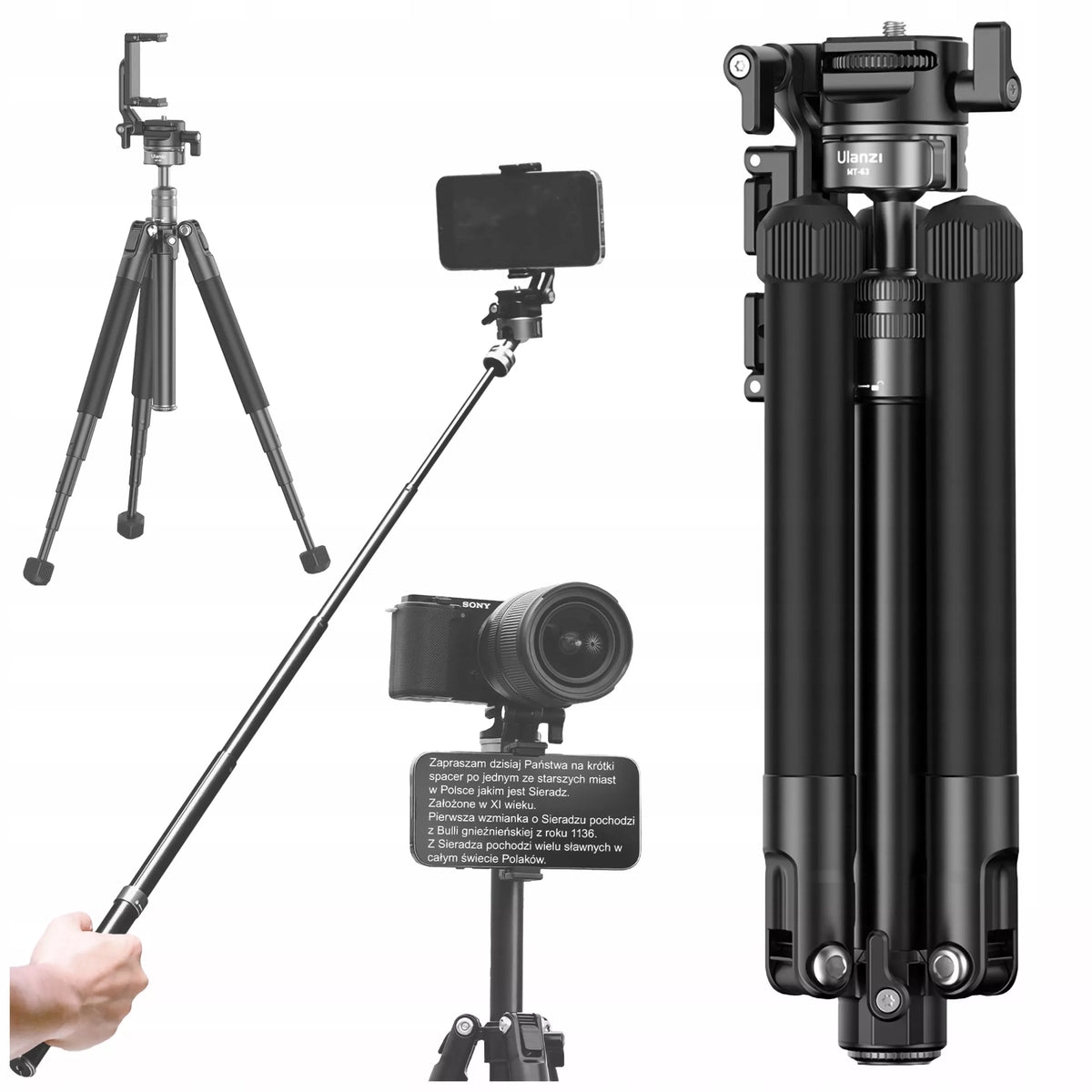 Kelioninis trikojis / monopodas 145 cm ULANZI MT-63 su 1/4 colio sriegiu ir išmaniojo telefono laikikliu