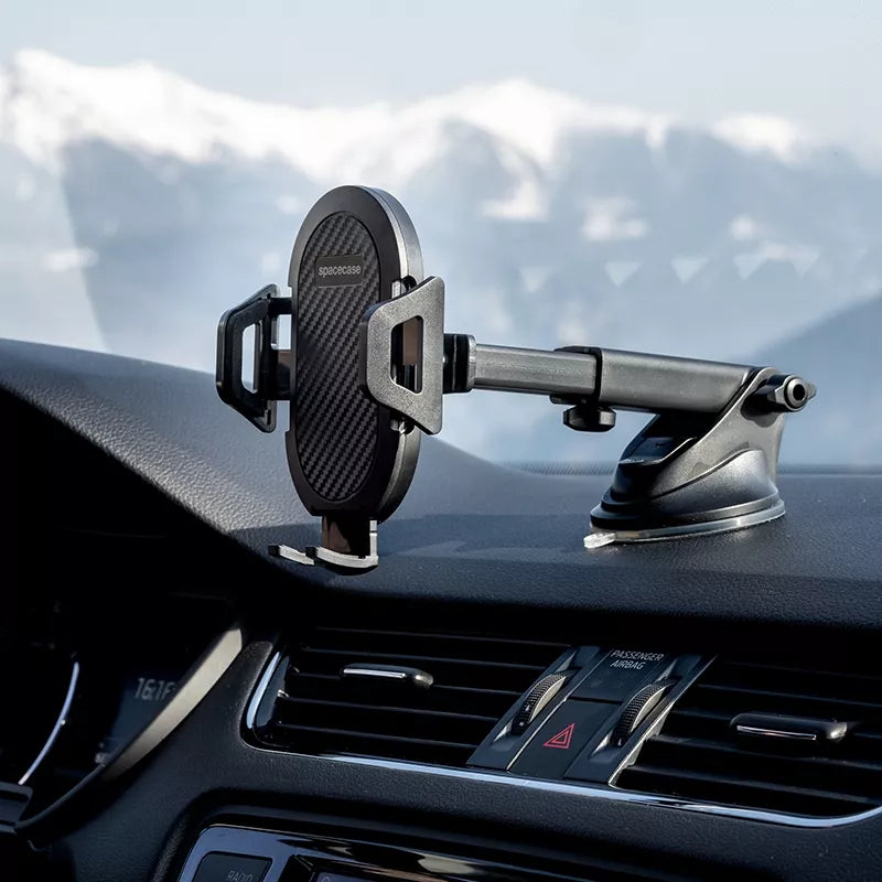 Tvirtas automobilinis laikiklis telefonui ant priekinio stiklo, prietaisų skydelio, salono