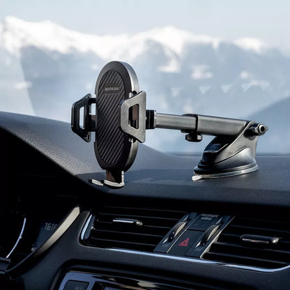 Tvirtas automobilinis laikiklis telefonui ant priekinio stiklo, prietaisų skydelio, salono