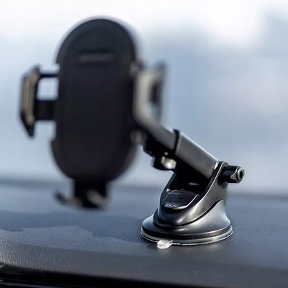 Tvirtas automobilinis laikiklis telefonui ant priekinio stiklo, prietaisų skydelio, salono