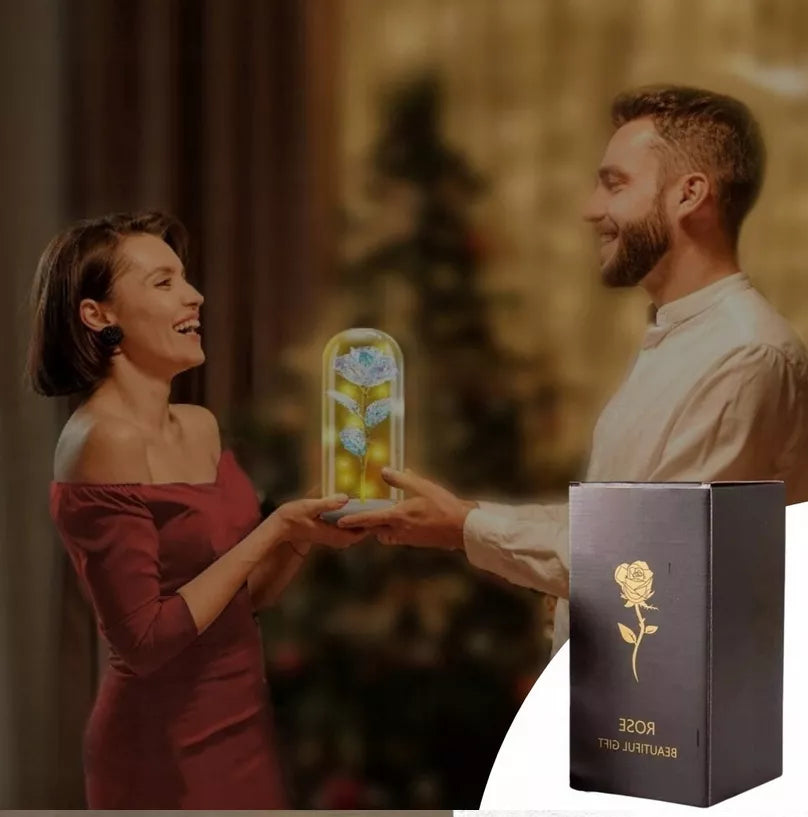 Amžina balta rožė stiklinėje su LED – dangtelio formos lempa