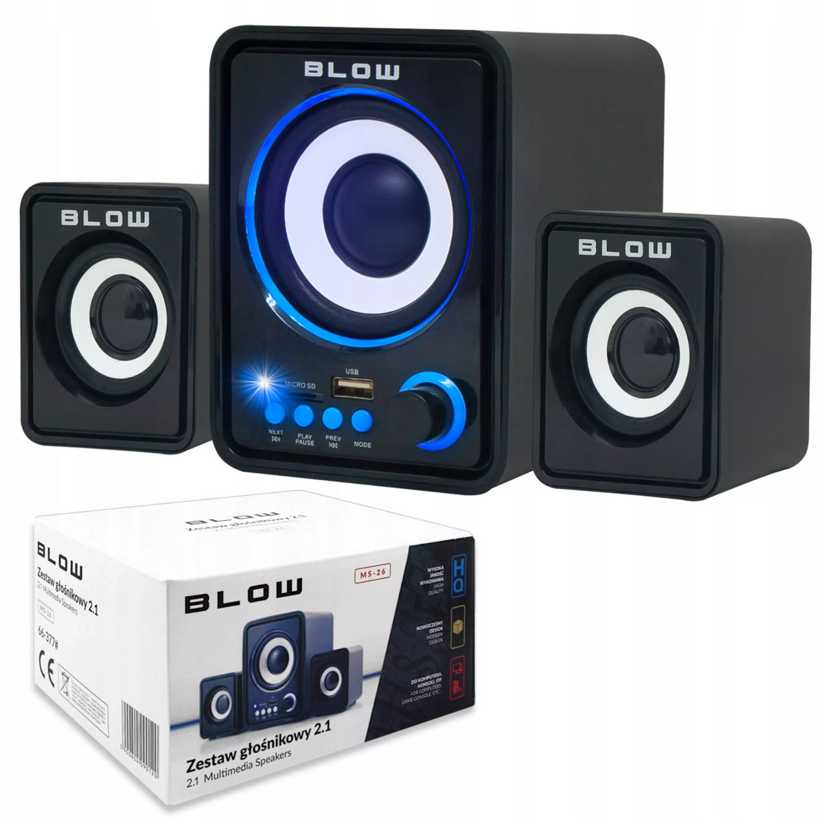 Kompiuterinių garsiakalbių komplektas 2.1 su LED apšvietimu ir FM radija, 11 W