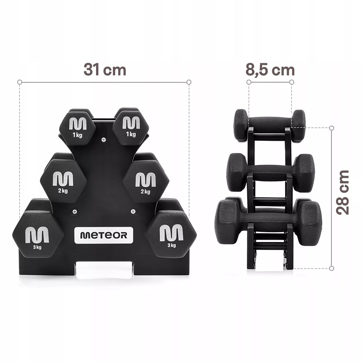 Hantelių rinkinys su stovu – 2×3, 2, 1 kg svoriai sportui