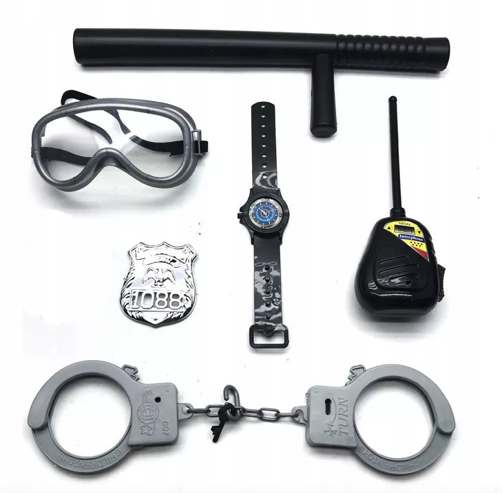 MAŽOJO POLICIJNINKO RŪBŲ RINKINYS, PRIEDAI, LIEMENĖ, RANKOGĖS, KOSTIUMAS VAIKAMS