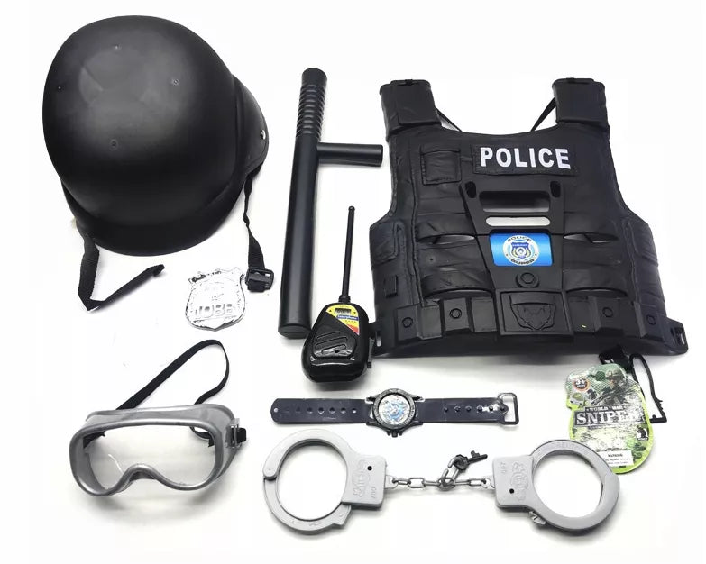 MAŽOJO POLICIJNINKO RŪBŲ RINKINYS, PRIEDAI, LIEMENĖ, RANKOGĖS, KOSTIUMAS VAIKAMS