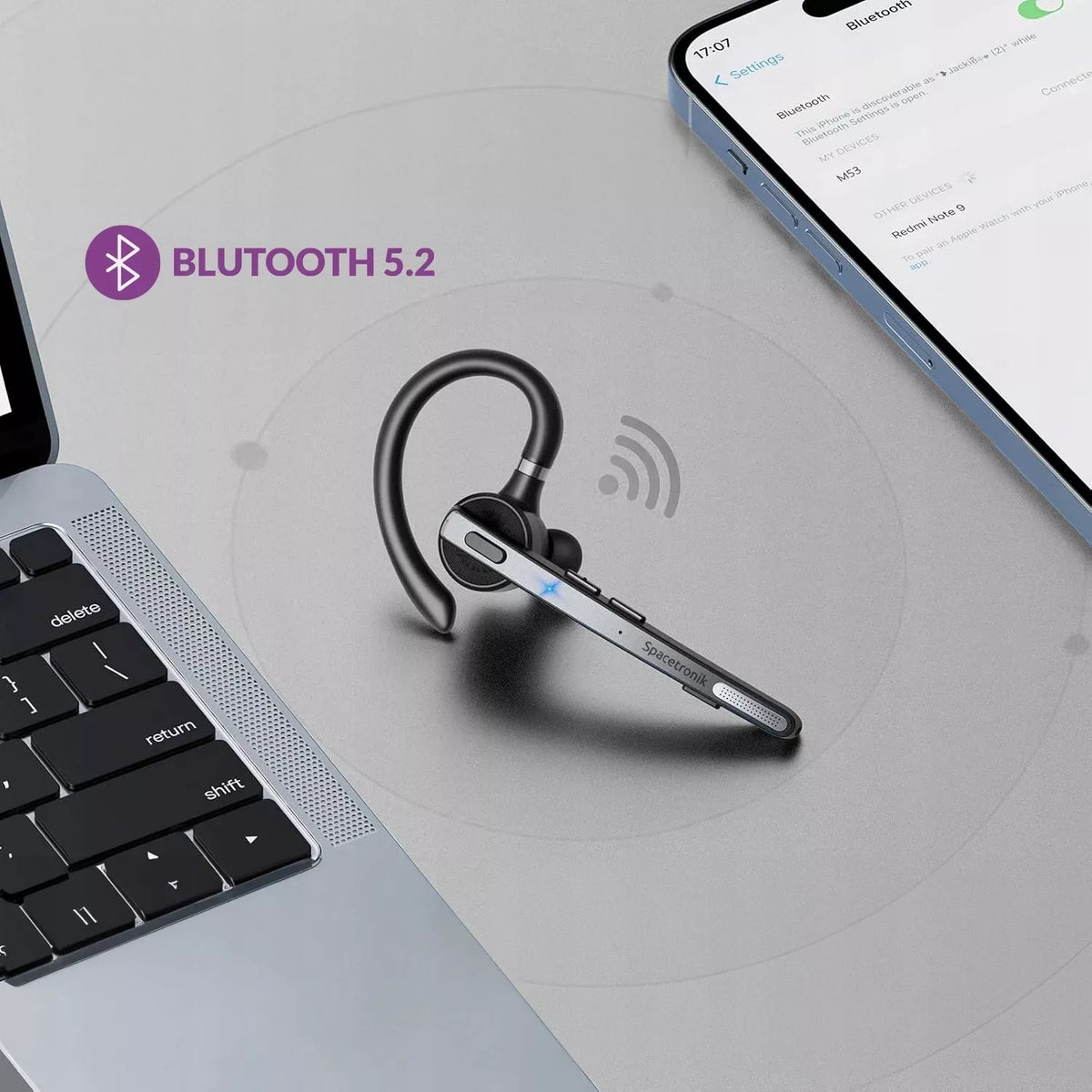 BEZPRZEWODOWY zestaw słuchawkowy BLUETOOTH 5.2 do obsługi DWÓCH telefonów, czas pracy 15h