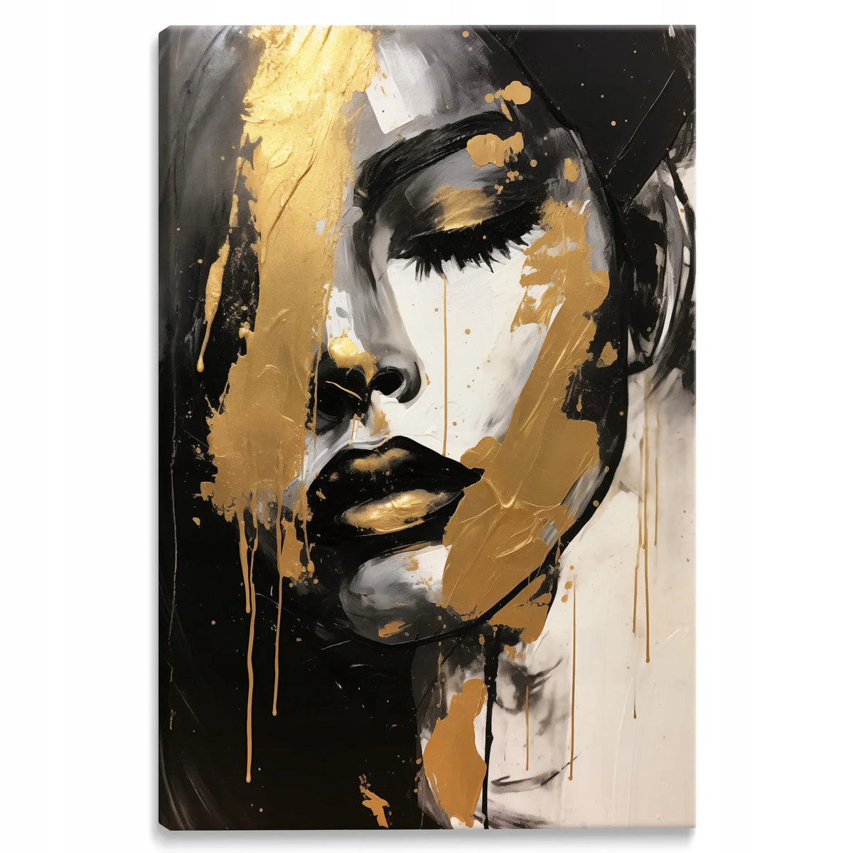 Abstraktus auksinis moters portretas ant drobės, glamūrinis stilius, 60 × 90 cm