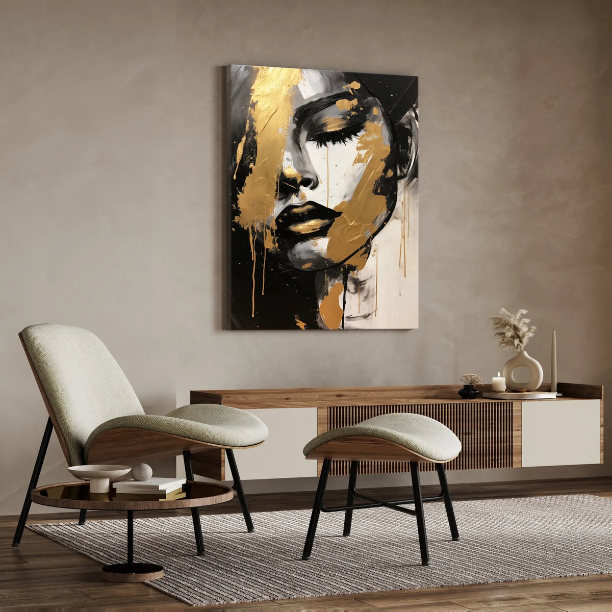 Abstraktus auksinis moters portretas ant drobės, glamūrinis stilius, 60 × 90 cm