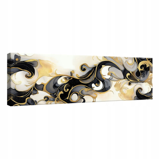 Abstraktus juodos ir auksinės spalvų paveikslas svetainei, miegamajam ir virtuvei ant drobės XXL, 145 × 45 cm