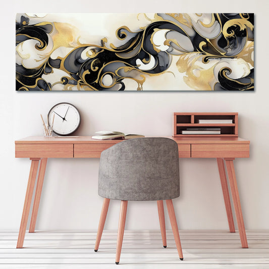 Abstraktus juodos ir auksinės spalvų paveikslas svetainei, miegamajam ir virtuvei ant drobės XXL, 145 × 45 cm