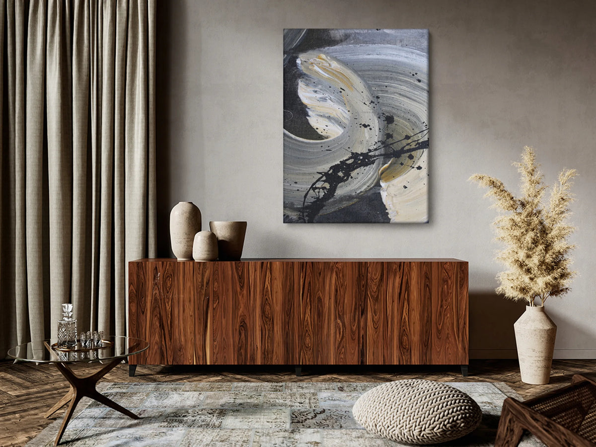 Abstraktus paveikslas ant drobės 60 × 80 cm, akvarelės dėmės, pilkas, C036