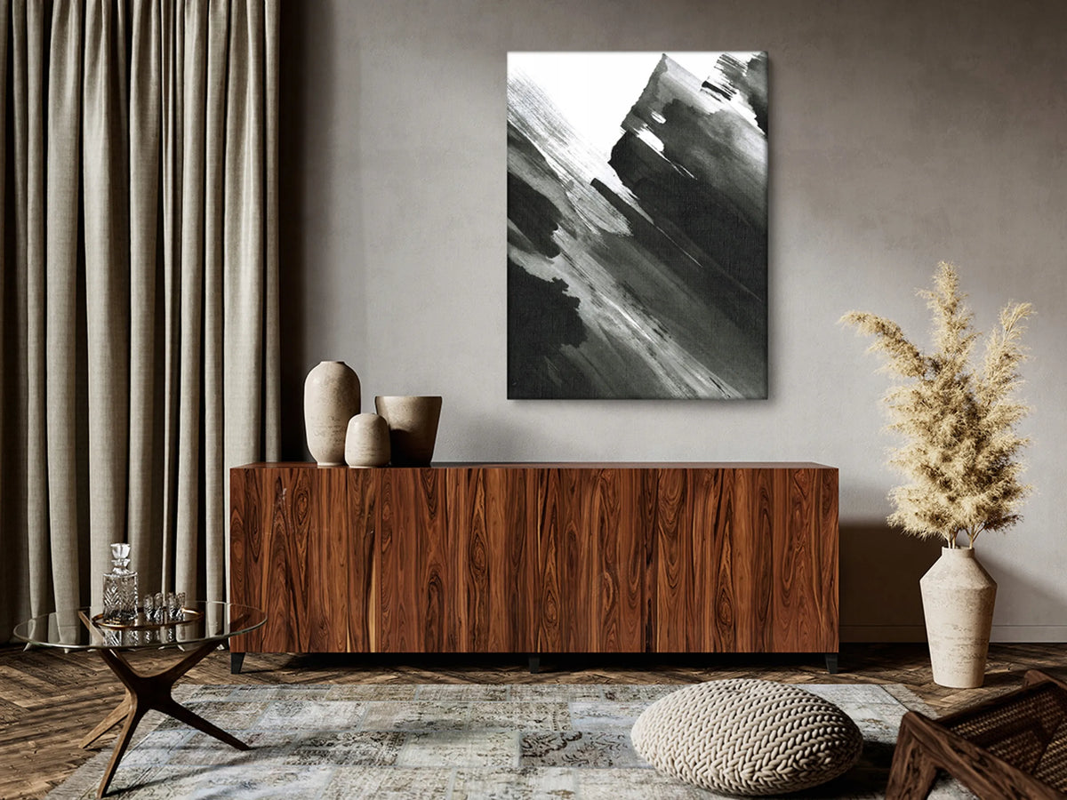 Abstraktus paveikslas ant drobės 60 × 80 cm, juodos, baltos ir pilkos spalvų, minimalistinis, C040
