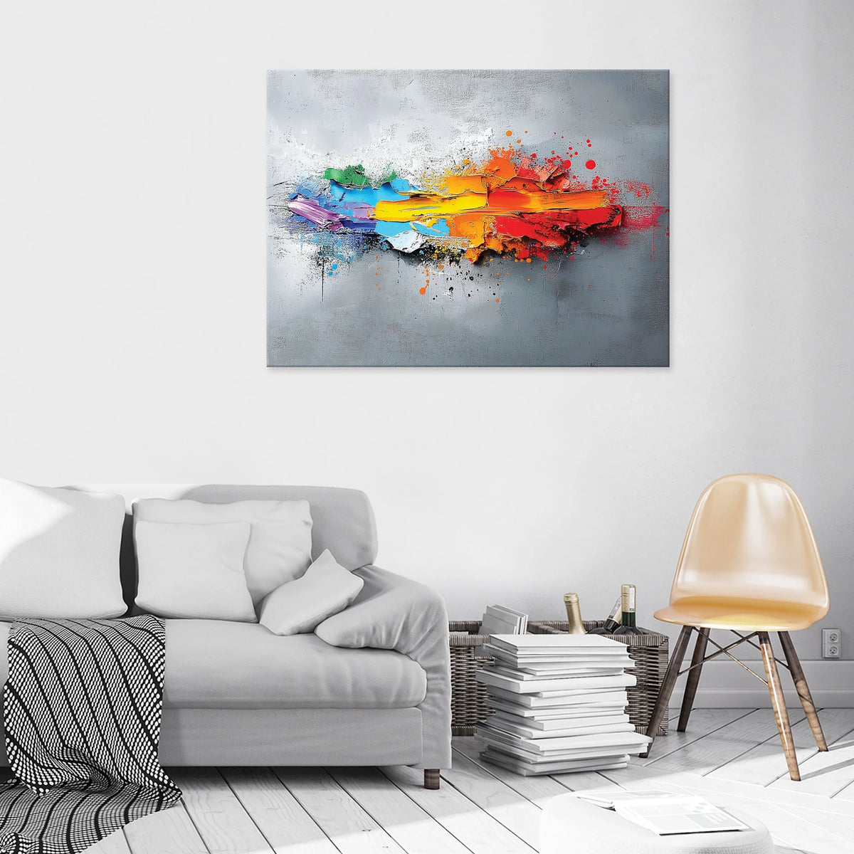 Abstraktus pilkas ir spalvingas paveikslas miegamajam, svetainei ar virtuvei ant drobės 100 × 70 cm