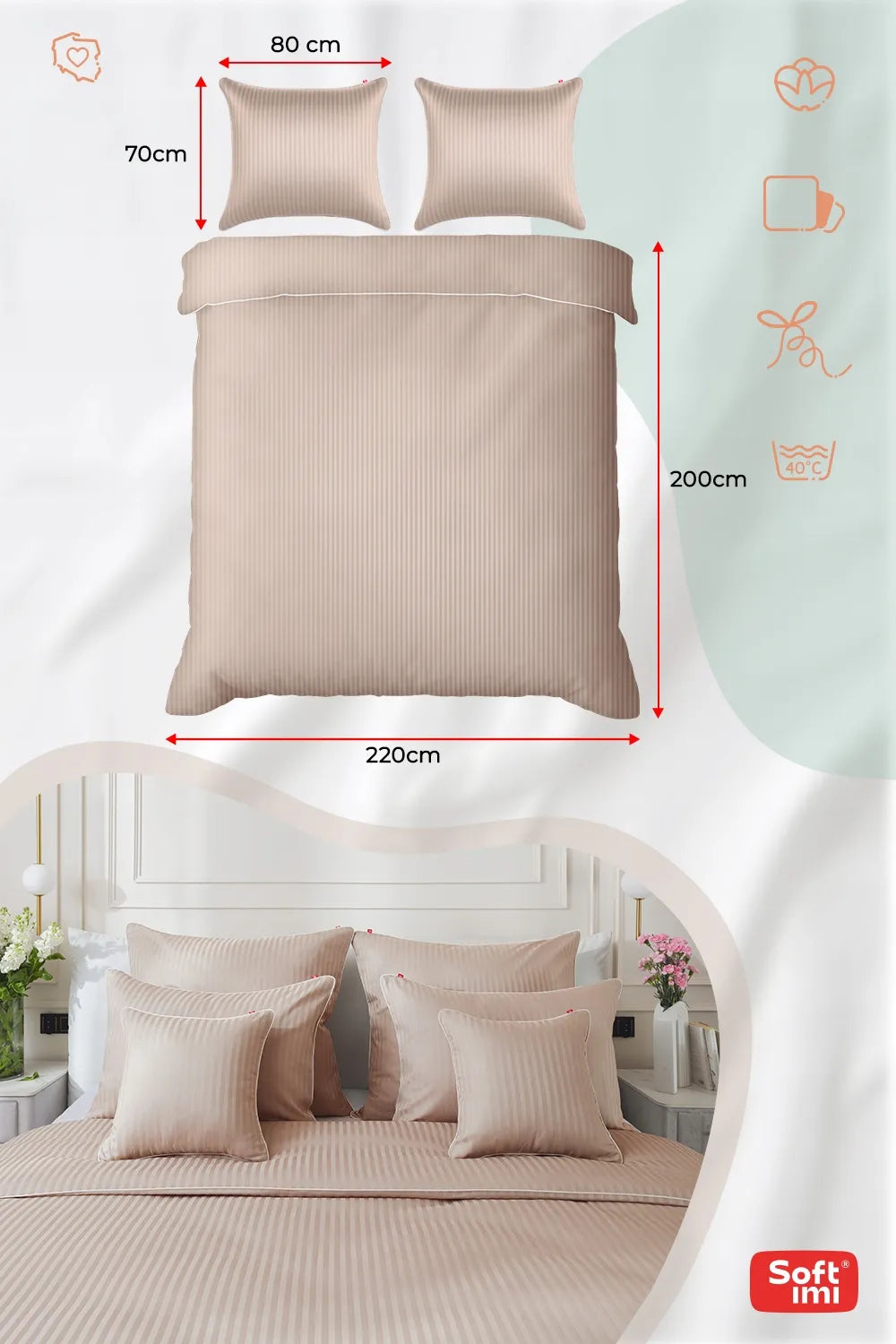 ADAMASKO patalynės komplektas 200x220 + 2 užvalkalai 70x80, 100% medvilnė