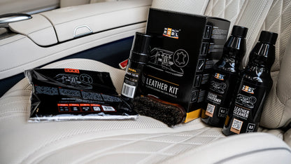 ADBL Leather Kit – odinių apmušalų valymo ir priežiūros rinkinys su valikliu, kondicionieriumi ir šepetėliu