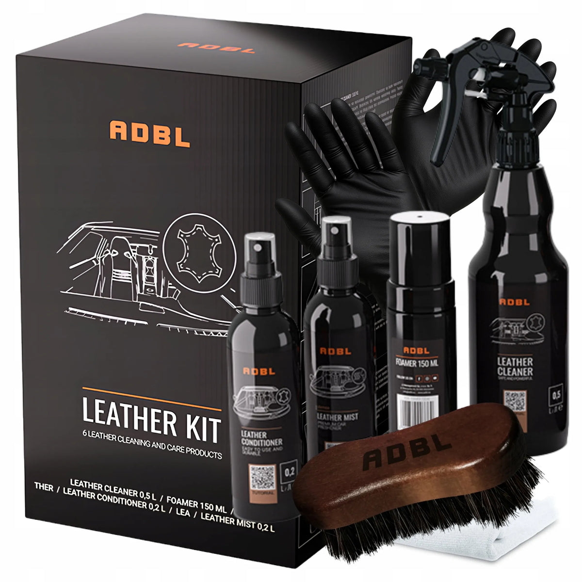 ADBL Leather Kit – odinių apmušalų valymo ir priežiūros rinkinys su valikliu, kondicionieriumi ir šepetėliu