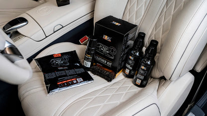 ADBL Leather Kit – odinių apmušalų valymo ir priežiūros rinkinys su valikliu, kondicionieriumi ir šepetėliu