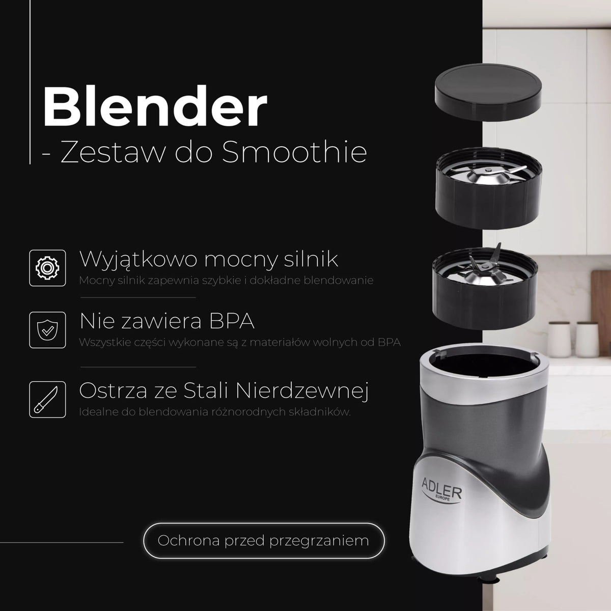 Adler kokteilių trintuvas, 1200 W, su buteliu, indu, malūnėliu ir keičiamais peiliais