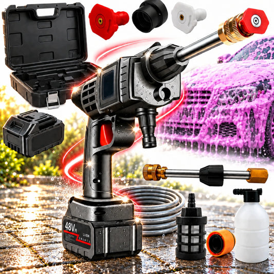 Akumuliatorinė aukšto slėgio plovykla „Technoid PRO“ trinkelėms ir sodui, 2 akumuliatoriai, „Dewalt“ apsauginiai akiniai