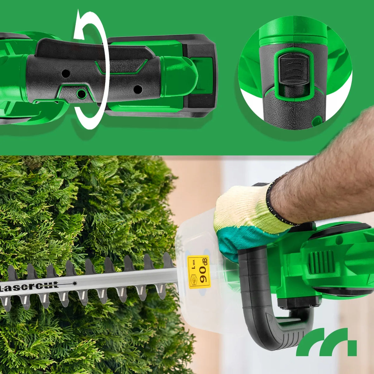 Akumuliatorinės gyvatvorių žirklės „MalTec MasterHedge-20V“, 58 cm, 20 V, 2 Ah, lazeriu apdirbti ašmenys
