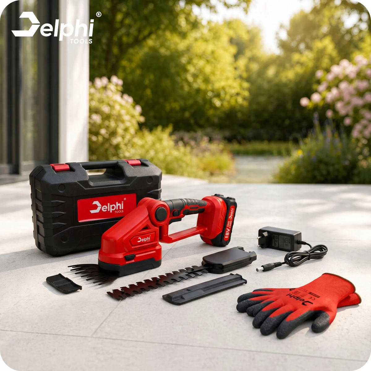 Akumuliatorinės žolės ir gyvatvorių žirklės Delphi Tools 2Ah 2-in-1 su 2 peiliais