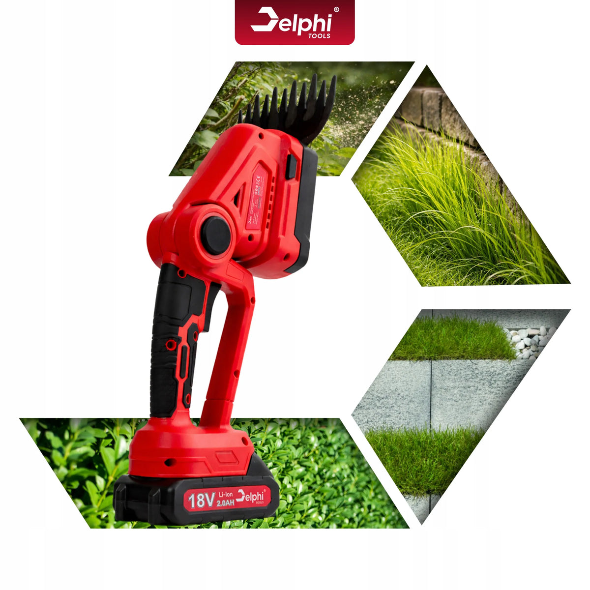 Akumuliatorinės žolės ir gyvatvorių žirklės Delphi Tools 2Ah 2-in-1 su 2 peiliais