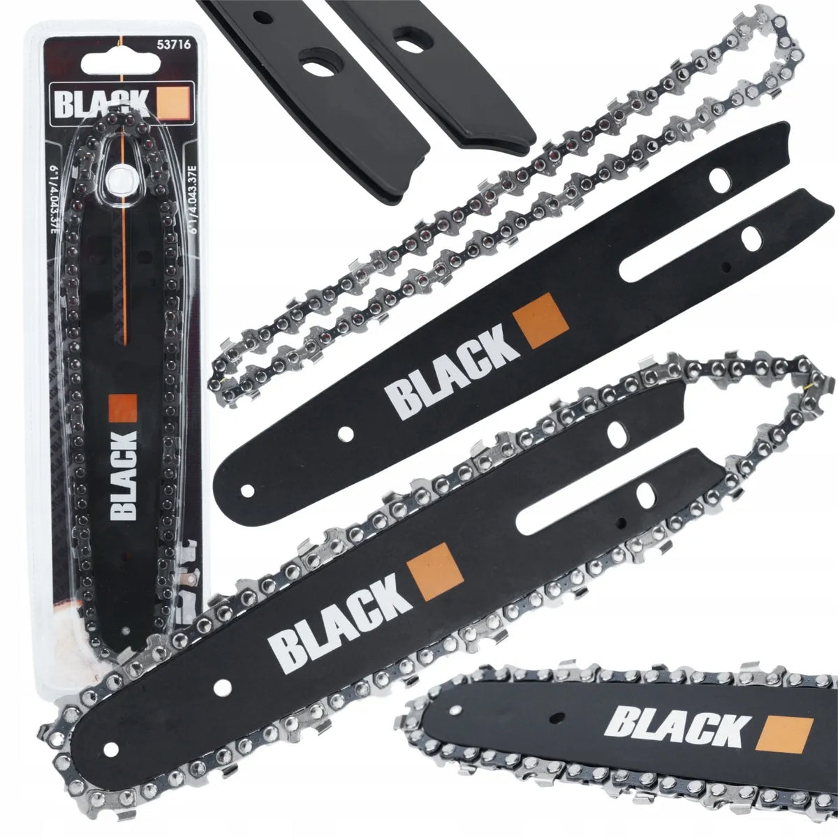 Akumuliatorinis grandininis pjūklas Black 150 mm, 2x akumuliatoriai 21 V, 2x kreipiančiosios + dovanos