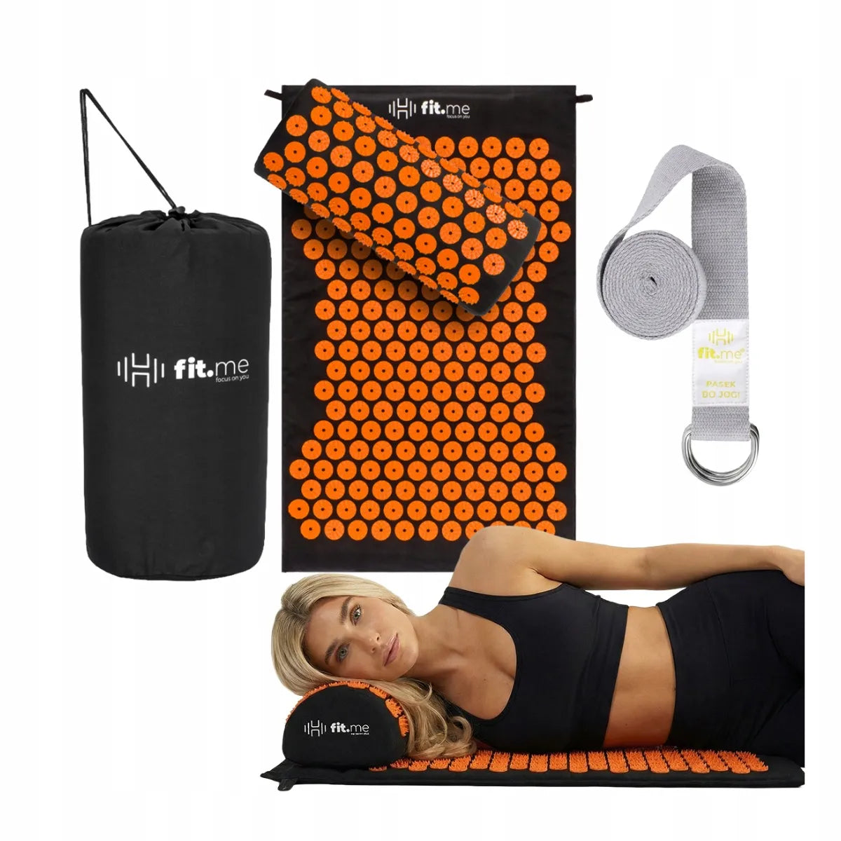 Akupresūros kilimėlis su pagalve Fit.Me Zen Lite juodas ir oranžinis