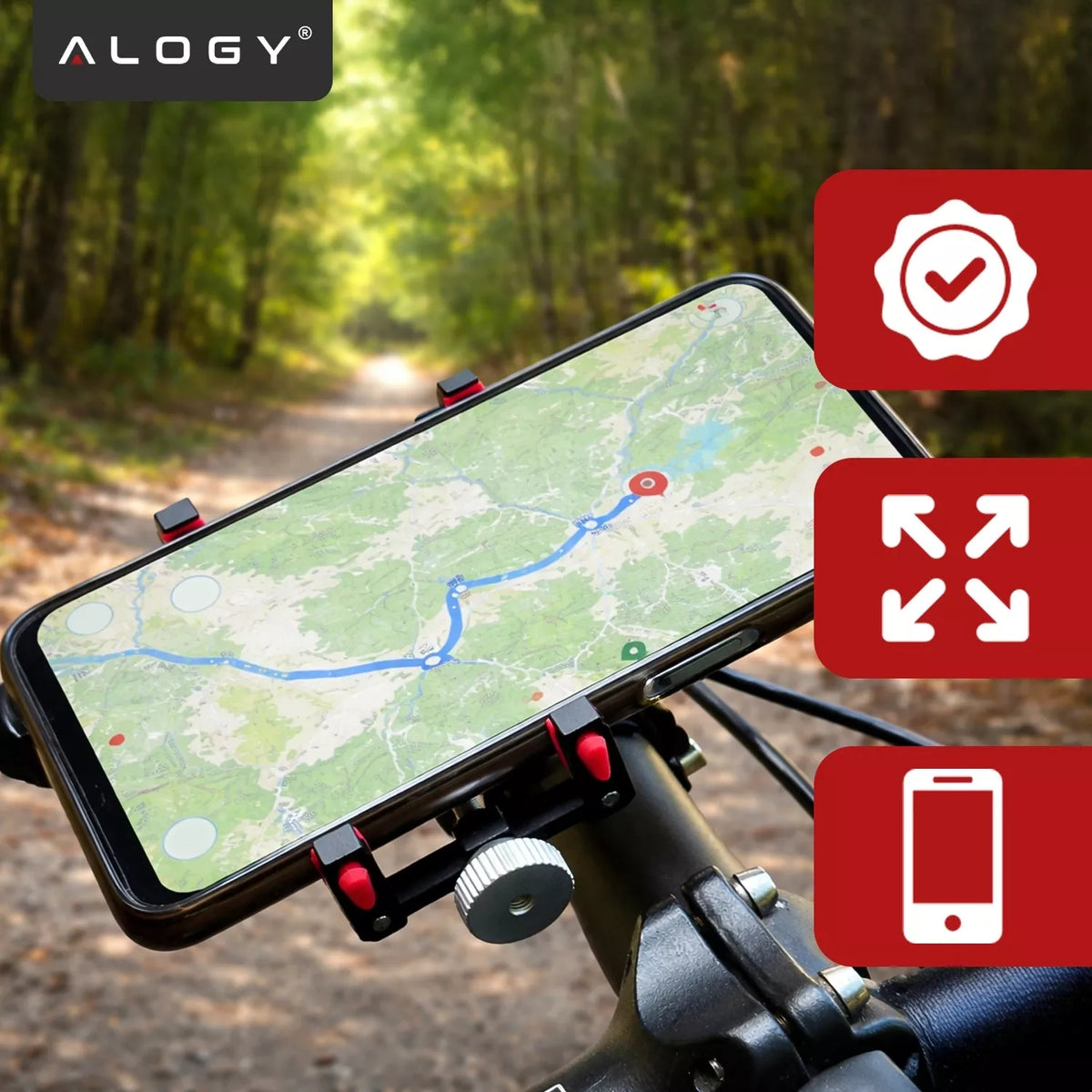 Aliumininis dviračio laikiklis telefonui ant vairo, vežimėliui, paspirtukui ar motociklui Alogy