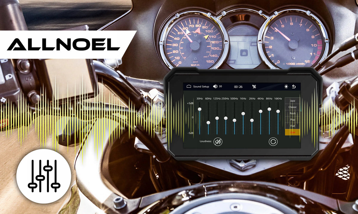 ALLNOEL A4058 motociklo multimedijos stotis, 5 colių ekranas, navigacija, „CarPlay“ ir „Android Auto“