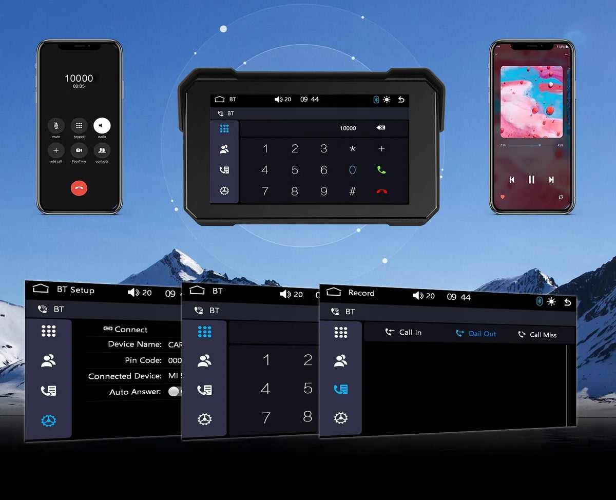 ALLNOEL A4058 motociklo multimedijos stotis, 5 colių ekranas, navigacija, „CarPlay“ ir „Android Auto“