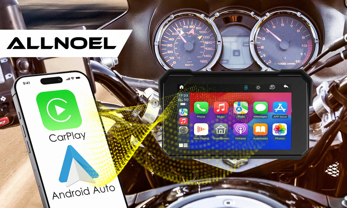 ALLNOEL A4058 motociklo multimedijos stotis, 5 colių ekranas, navigacija, „CarPlay“ ir „Android Auto“