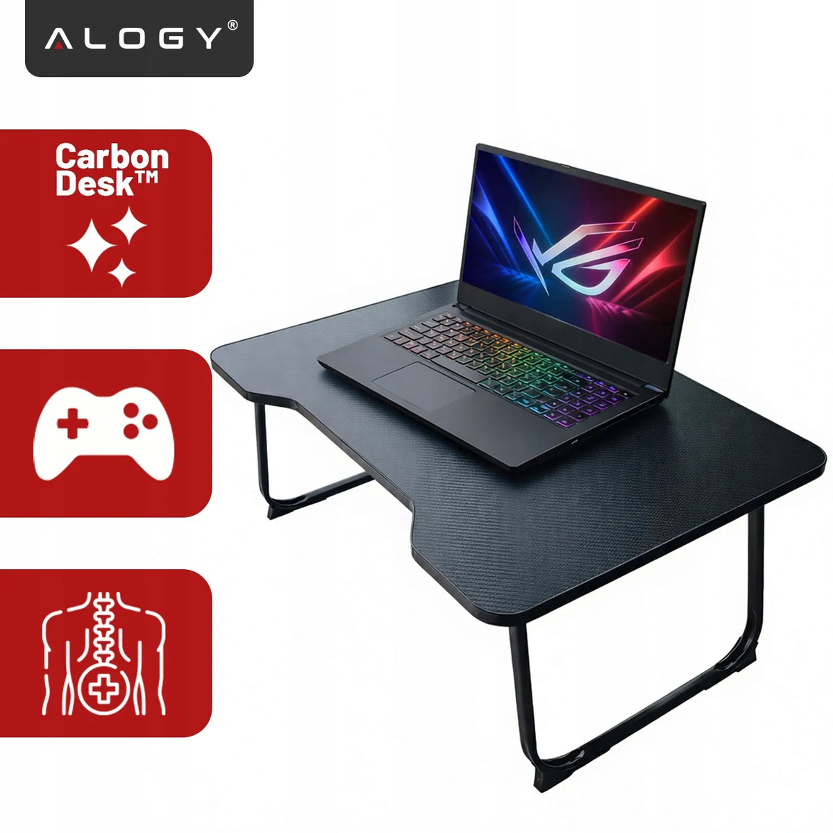Alogy CarbonDesk™ sulankstomas stabilus staliukas nešiojamajam kompiuteriui, 60 × 40 cm, juodas