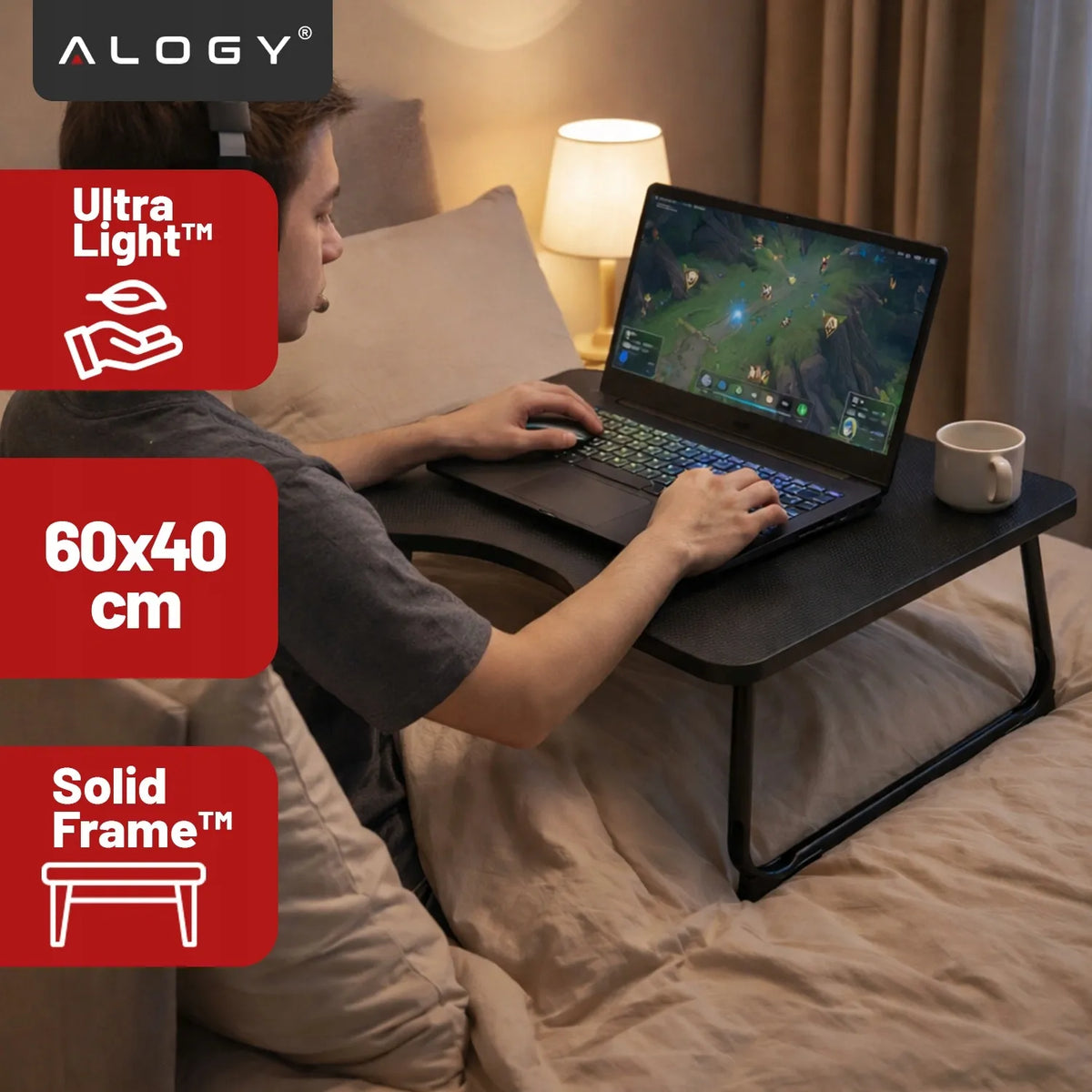 Alogy CarbonDesk™ sulankstomas stabilus staliukas nešiojamajam kompiuteriui, 60 × 40 cm, juodas