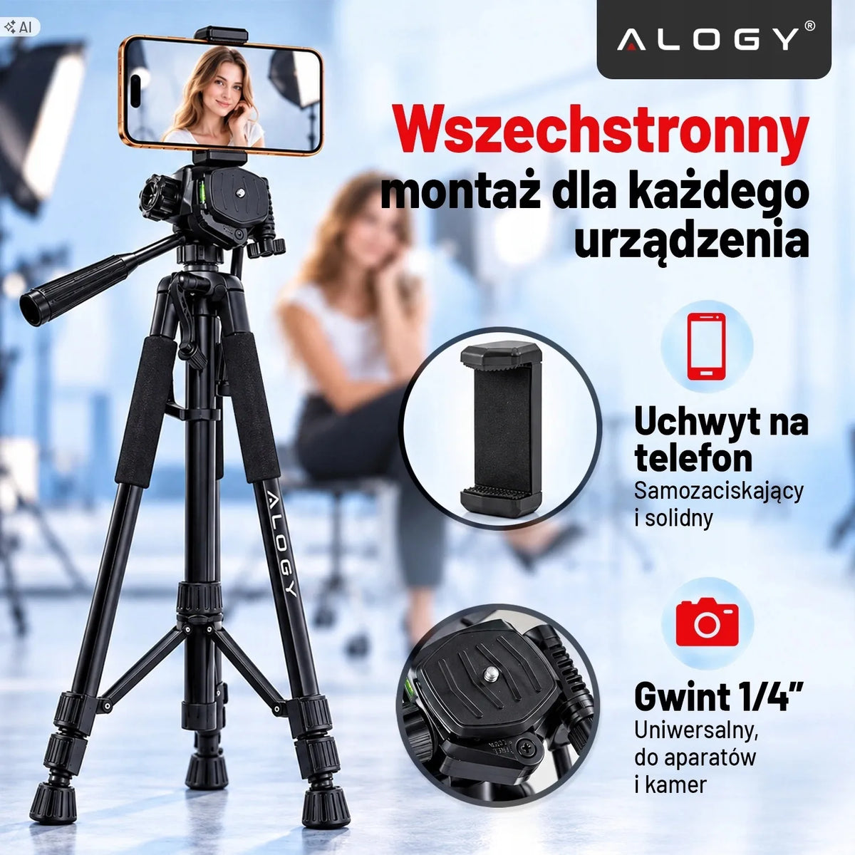 „Alogy“ fotografinis trikojis su telefono ir fotoaparato laikikliu, 59–170 cm