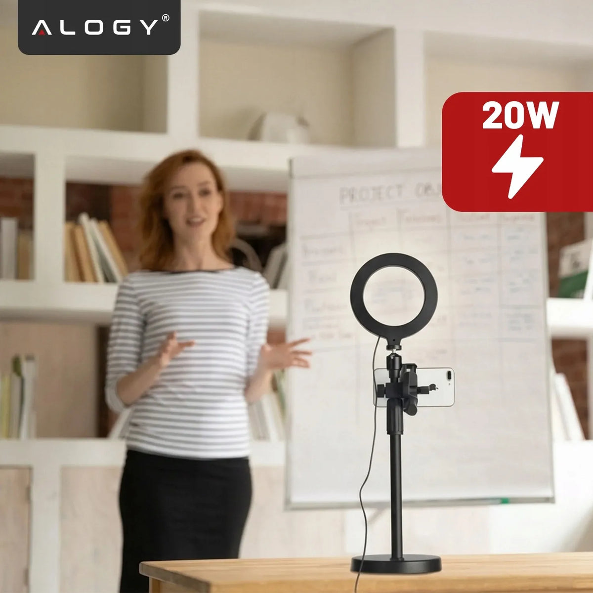 Alogy LED žiedinė lempa fotografijai su trikoju, 2 telefono laikikliais ir nuotolinio valdymo pulteliu