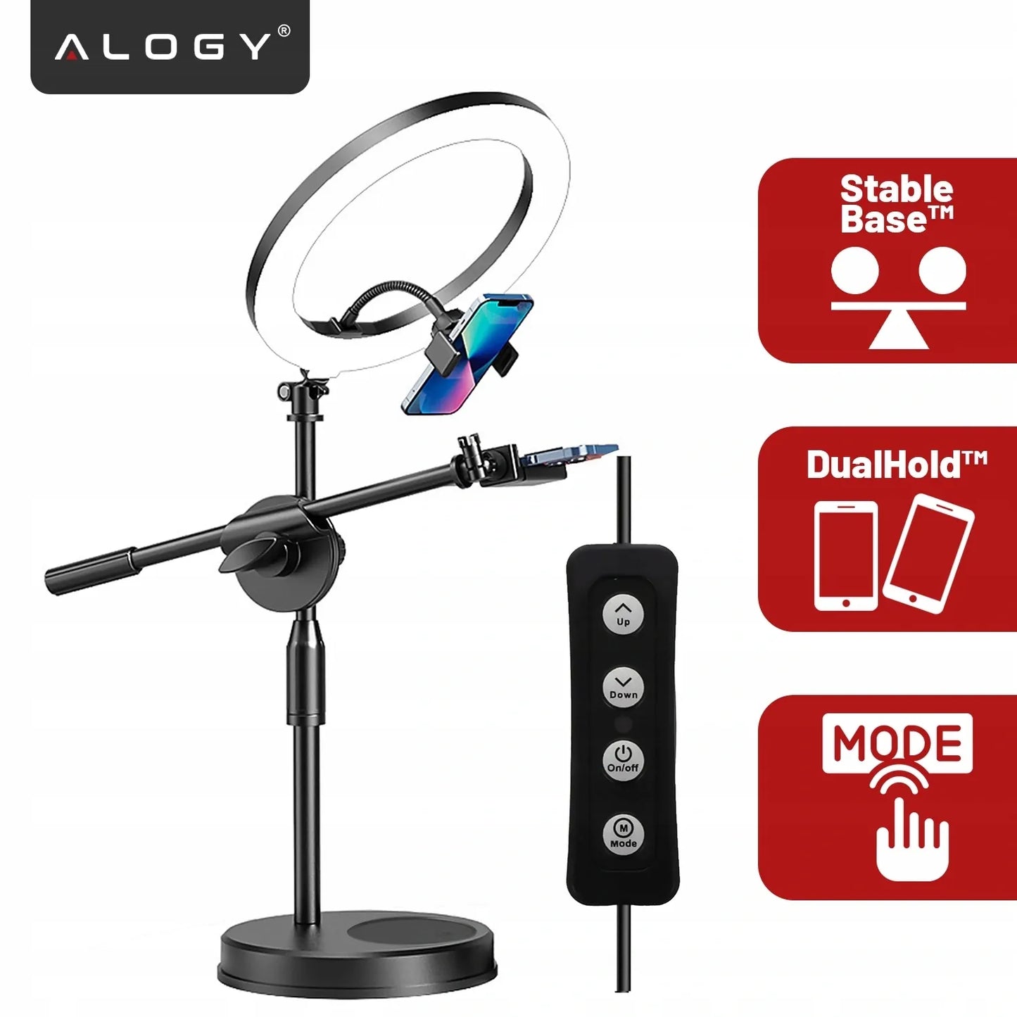 Alogy LED žiedinė lempa fotografijai su trikoju, 2 telefono laikikliais ir nuotolinio valdymo pulteliu