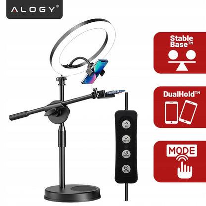 Alogy LED žiedinė lempa fotografijai su trikoju, 2 telefono laikikliais ir nuotolinio valdymo pulteliu