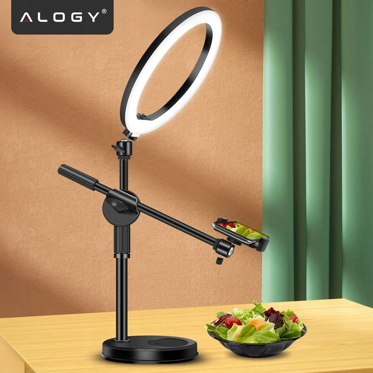 Alogy LED žiedinė lempa fotografijai su trikoju, 2 telefono laikikliais ir nuotolinio valdymo pulteliu